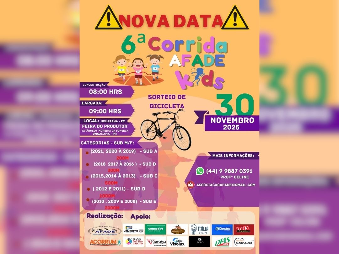 6ª Corrida AFADE Kids acontece neste domingo com sorteio de bicicleta