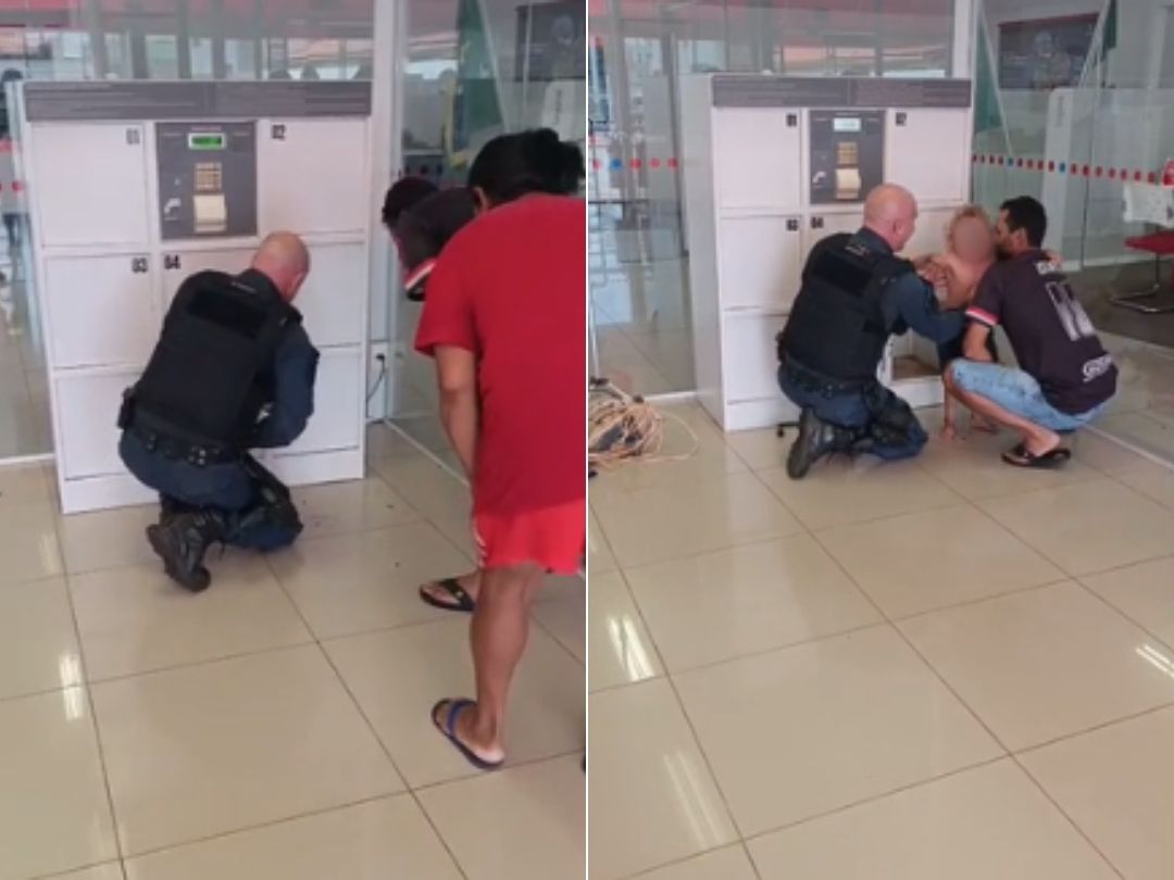 Criança fica presa em guarda-volumes de agência bancário durante brincadeira; VÍDEO