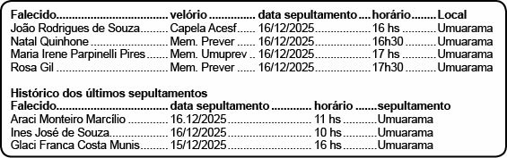 Jornal Ilustrado - Obituário: veja os falecidos desta terça-feira (16) em Umuarama