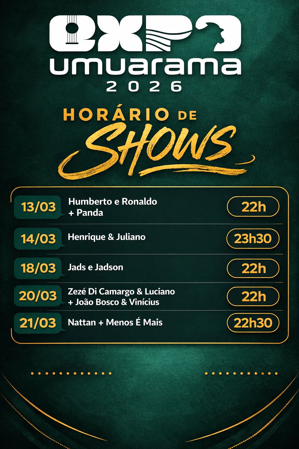Jornal Ilustrado - Sociedade Rural divulga horários dos shows da Expo Umuarama 2026, que inicia nesta quinta-feira