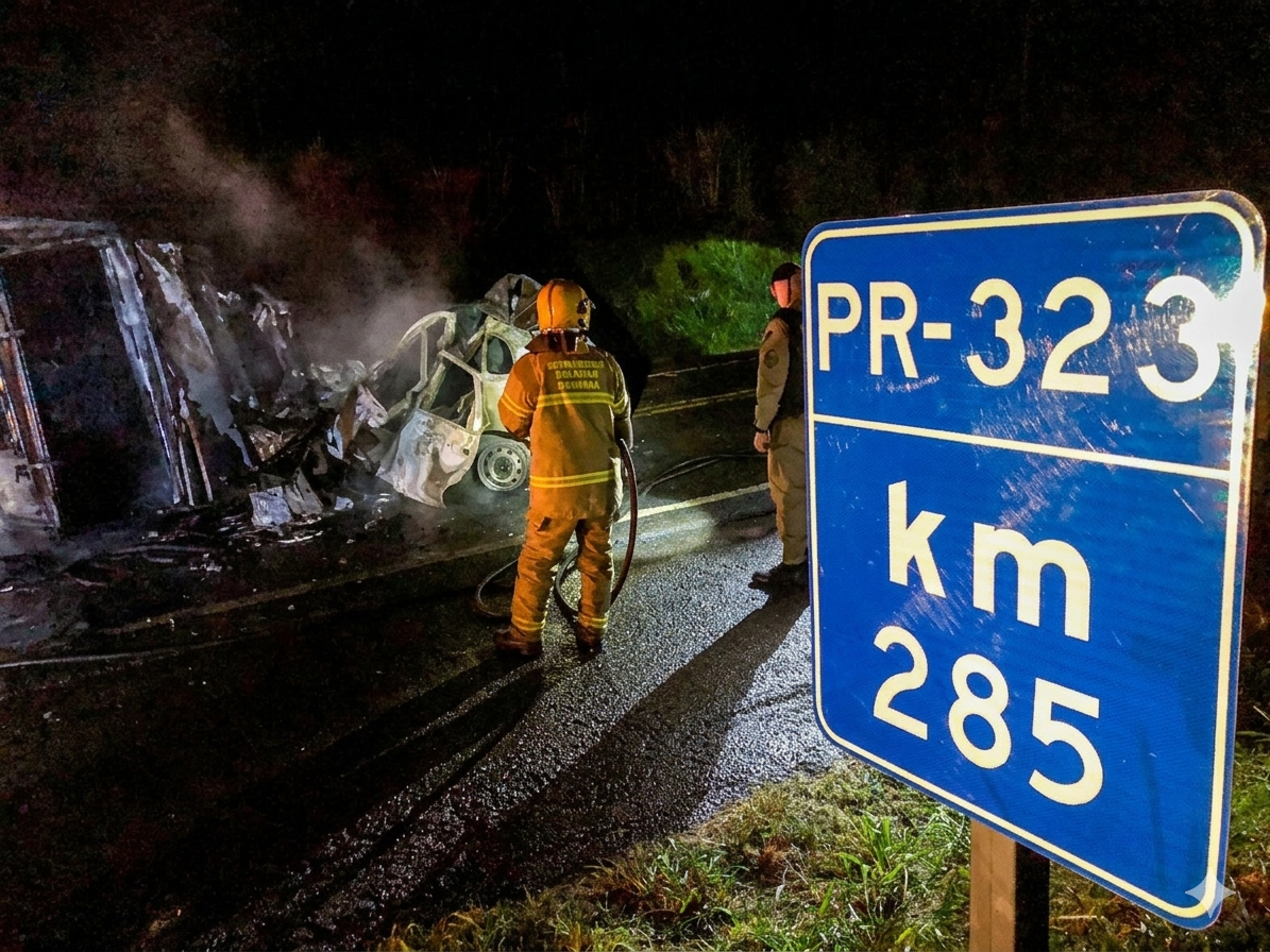 Jornal Ilustrado - O grande jornal do Noroeste do Paraná Jornal Ilustrado - Motorista morre após carro colidir com caminhão e pegar fogo na PR-323, em Umuarama
