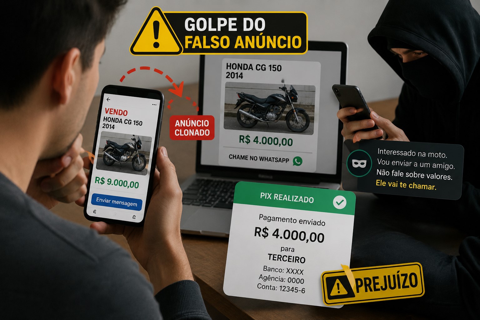 Golpe do falso anúncio deixa prejuízo de R$ 4 mil em negociação de moto em Umuarama