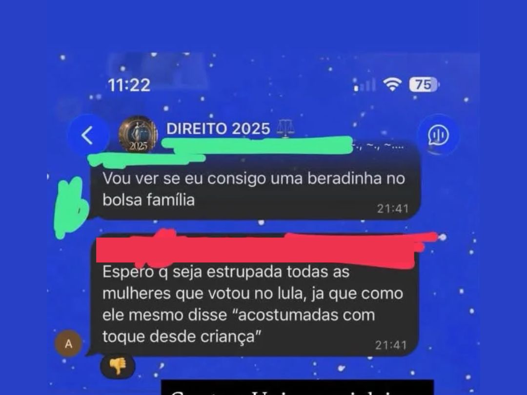 “Espero que sejam estupradas todas que votaram em Lula”, escreve acadêmica de direito da Unipar
