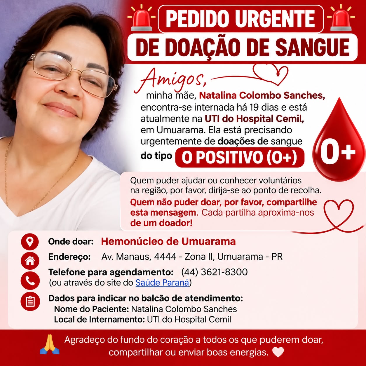 Jornal Ilustrado - Família pede doação urgente de sangue O+ para paciente internada na UTI do Cemil